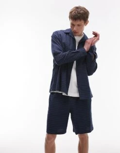 Topman Blue Check Mid Weight Shorts In Navy For Men
