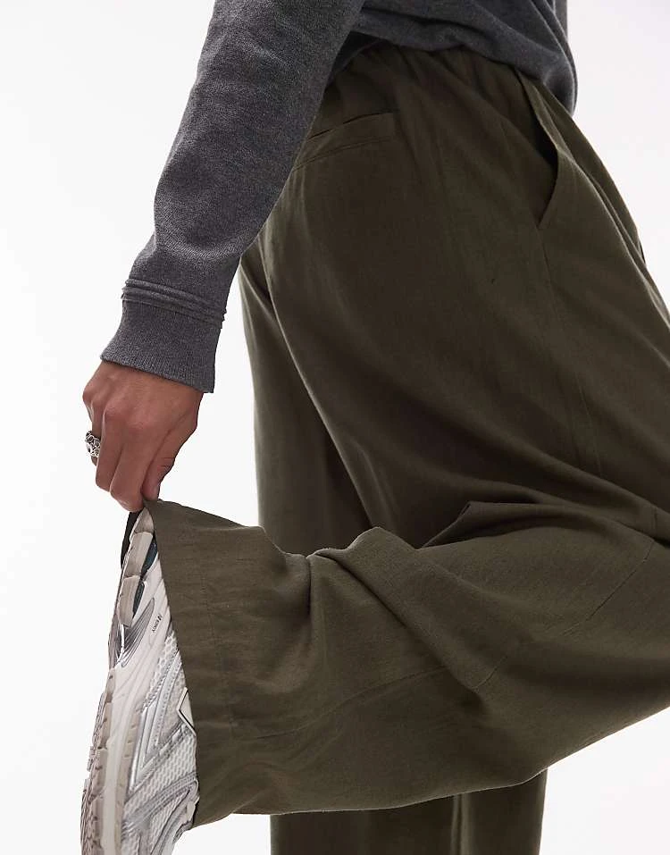 Topman Casual Linen Blend Relaxed Trousers In Khaki For Men 5 Topman Casual Linen Blend Relaxed Trousers In Khaki For Men - Image 3