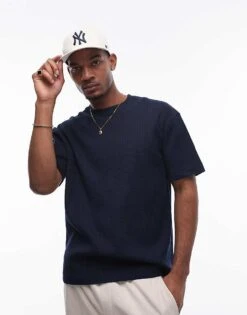 Topman Oversized Fit Waffle T-shirt Navy For Men -Daily Wardrobe Shop 207525287 3
