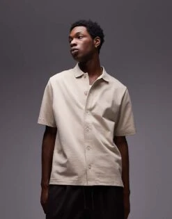 Topman Oversized Fit Button Through Jersey Shirt In Ecru For Men -Daily Wardrobe Shop 207525322 1 ecru 1