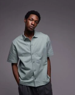 Topman Oversized Fit Button Through Jersey Shirt In Sage For Men