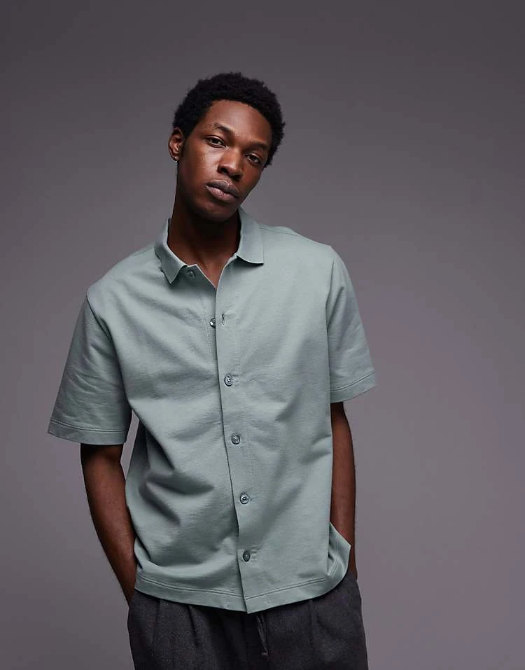 Topman Oversized Fit Button Through Jersey Shirt In Sage For Men 3 Topman Oversized Fit Button Through Jersey Shirt In Sage For Men