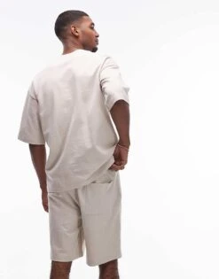 Topman Oversized Fit Linen Blend Short Sleeve Sweatshirt In Stone For Men -Daily Wardrobe Shop 207543685 4