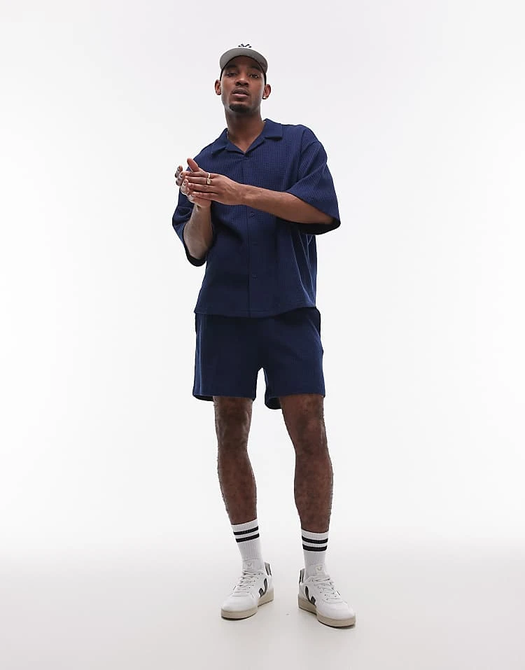Topman Oversized Fit Waffle Button Through Jersey Shirt In Navy For Men 4 Topman Oversized Fit Waffle Button Through Jersey Shirt In Navy For Men - Image 2