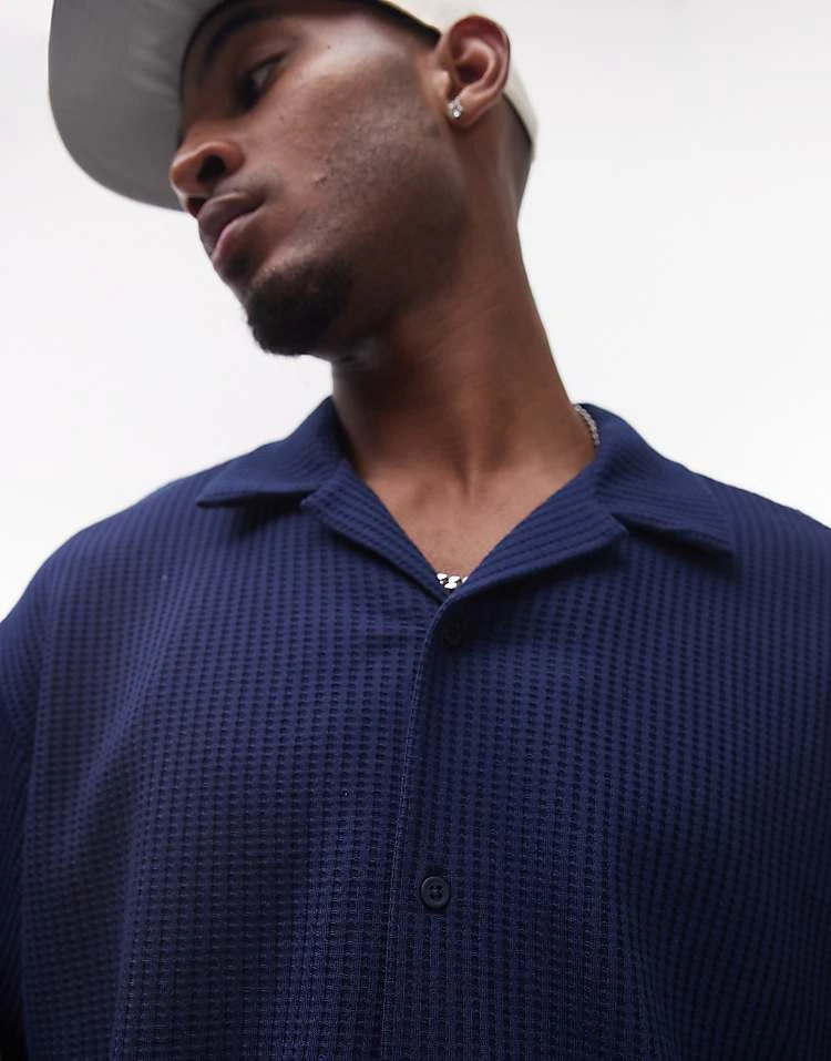 Topman Oversized Fit Waffle Button Through Jersey Shirt In Navy For Men 5 Topman Oversized Fit Waffle Button Through Jersey Shirt In Navy For Men - Image 3