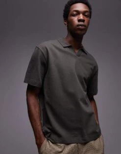 Topman Heavyweight Boxy Fit Revere Polo In Khaki For Men -Daily Wardrobe Shop 207543719 1 khaki 1