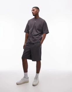 Topman Oversized Fit Linen Blend Short Sleeve Sweatshirt In Charcoal For Men -Daily Wardrobe Shop 207543742 1 charcoal 1
