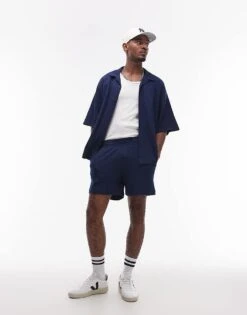 Topman Oversized Fit Waffle Short In Navy For Men -Daily Wardrobe Shop 207550923 1 navy 1