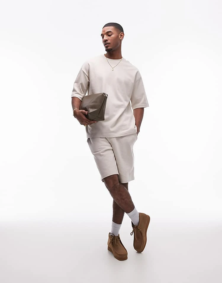 Topman Oversized Fit Linen Blend Short In Stone For Men 3 Topman Oversized Fit Linen Blend Short In Stone For Men