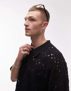 Topman Relaxed Floral Crochet Shirt In Black For Men
