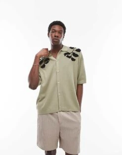 Topman Embroidered Floral Knitted Shirt In Sage And Black For Men