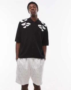 Topman Embroidered Floral Knitted Shirt In Black And Ecru For Men -Daily Wardrobe Shop 207584550 1 black 1