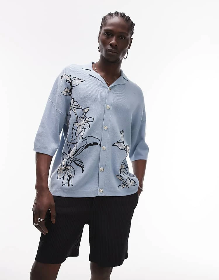 Topman Relaxed Revere Knitted Embroidered Floral Shirt In Light Blue For Men 7 Topman Relaxed Revere Knitted Embroidered Floral Shirt In Light Blue For Men - Image 5