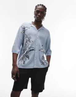 Topman Relaxed Revere Knitted Embroidered Floral Shirt In Light Blue For Men