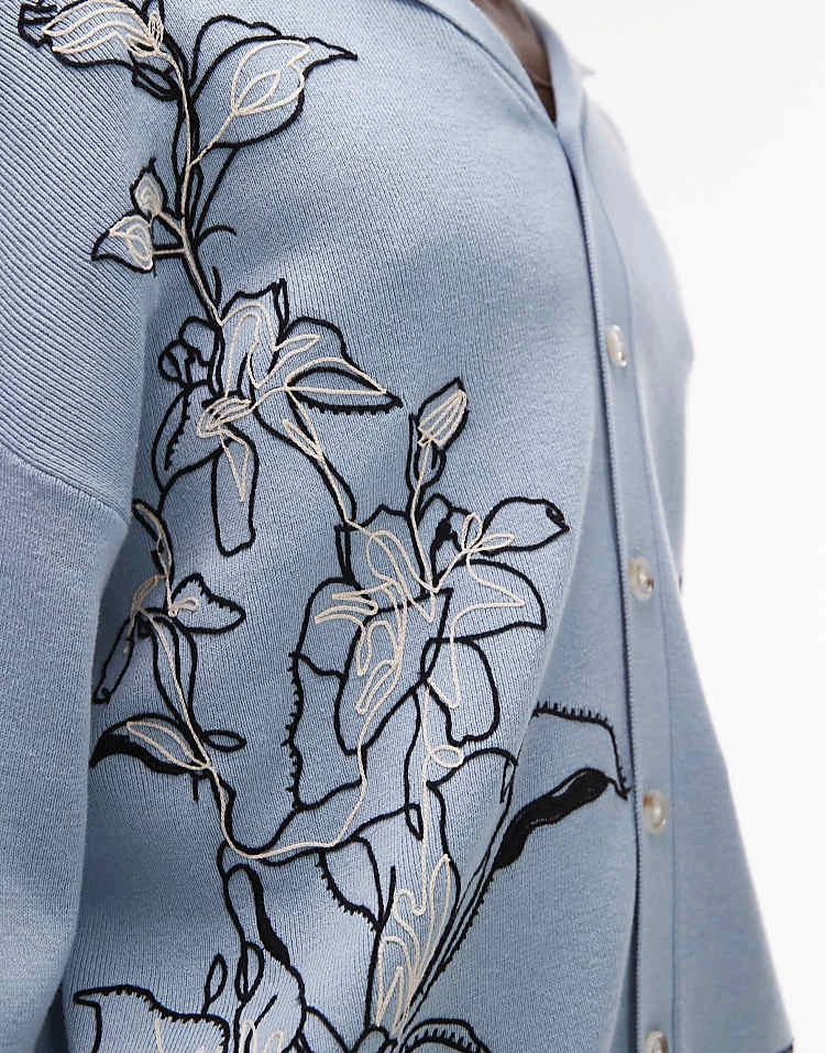 Topman Relaxed Revere Knitted Embroidered Floral Shirt In Light Blue For Men 4 Topman Relaxed Revere Knitted Embroidered Floral Shirt In Light Blue For Men - Image 2