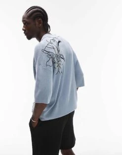 Topman Relaxed Revere Knitted Embroidered Floral Shirt In Light Blue For Men 9 Topman Relaxed Revere Knitted Embroidered Floral Shirt In Light Blue For Men -Daily Wardrobe Shop 207584551 3