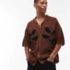 Topman Relaxed Floral Applique Revere Knitted Shirt In Brown For Men -Daily Wardrobe Shop 207584566 1 brown