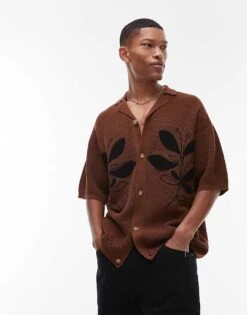 Topman Relaxed Floral Applique Revere Knitted Shirt In Brown For Men