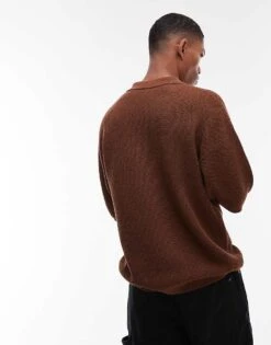 Topman Relaxed Floral Applique Revere Knitted Shirt In Brown For Men -Daily Wardrobe Shop 207584566 4