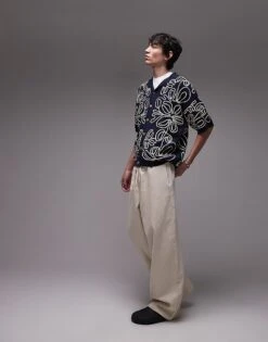 Topman Relaxed Heavy Embroidered Floral Shirt In Navy & Cream For Men -Daily Wardrobe Shop 207584590 1 navy 1