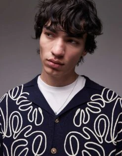 Topman Relaxed Heavy Embroidered Floral Shirt In Navy & Cream For Men -Daily Wardrobe Shop 207584590 3