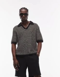 Topman Revere Knitted Polo Shirt In Stripe For Men Multi