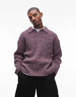 Topman Relaxed Open Collar Jumper In Purple Marl For Men -Daily Wardrobe Shop 207596213 4