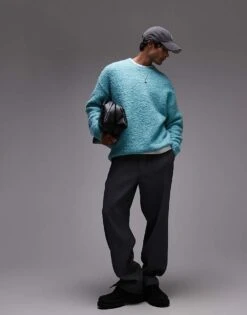 Topman Relaxed Fit Boucle Jumper In Turquoise For Men -Daily Wardrobe Shop 207596359 3