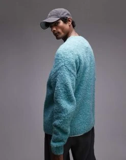 Topman Relaxed Fit Boucle Jumper In Turquoise For Men -Daily Wardrobe Shop 207596359 4