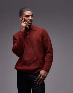 Topman Relaxed Fit Compact Knit Polo Jumper In Dark Red For Men