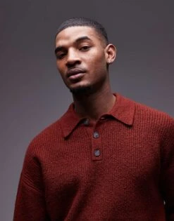 Topman Relaxed Fit Compact Knit Polo Jumper In Dark Red For Men -Daily Wardrobe Shop 207596556 3