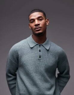 Topman Relaxed Fit Compact Knit Polo Jumper In Sage For Men
