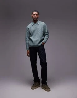 Topman Relaxed Fit Compact Knit Polo Jumper In Sage For Men -Daily Wardrobe Shop 207596798 3