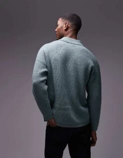 Topman Relaxed Fit Compact Knit Polo Jumper In Sage For Men -Daily Wardrobe Shop 207596798 4