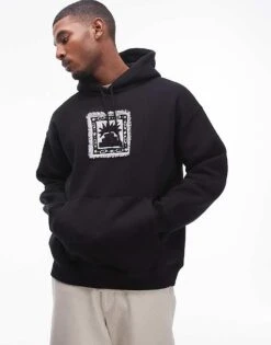 Topman Oversized Fit Hoodie With Frayed Patch Embroidery In Black For Men