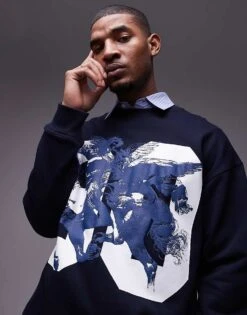 Topman Oversized Fit Sweatshirt With Pegasus Textured Print In Navy For Men