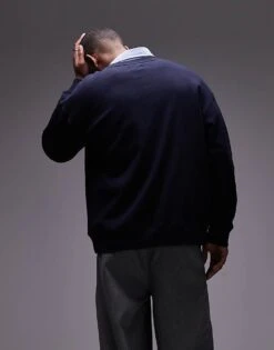 Topman Oversized Fit Sweatshirt With Pegasus Textured Print In Navy For Men -Daily Wardrobe Shop 207621419 3