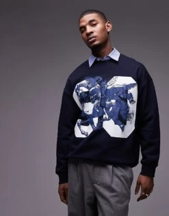 Topman Oversized Fit Sweatshirt With Pegasus Textured Print In Navy For Men -Daily Wardrobe Shop 207621419 4