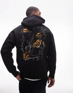 Topman Oversized Fit Hoodie With Front And Back Roses Scribbles Print In Black For Men -Daily Wardrobe Shop 207621443 1 black 1