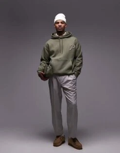 Topman Oversized Fit Hoodie With Front And Back Promises Embroidery In Khaki For Men -Daily Wardrobe Shop 207621459 3