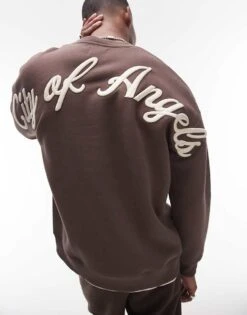Topman Oversized Fit Sweatshirt With Front And Back City Of Angels Embroidery In Brown For Men