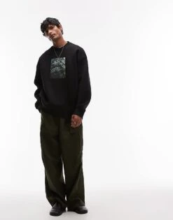 Topman Oversized Fit Sweatshirt With Leaves Patch Print In Black For Men -Daily Wardrobe Shop 207621484 4