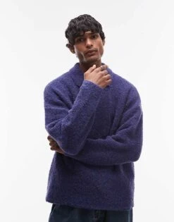 Topman Oversized Fit Boucle Polo In Navy For Men