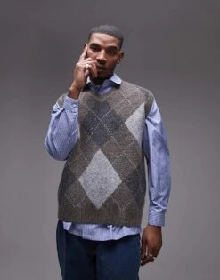 Topman V-neck Knitted Vest In Brown Argyle For Men