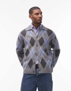 Topman Collared Cardigan In Grey & Blue Argyle For Men