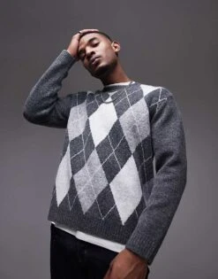 Topman Crew Jumper In Grey & White Argyle For Men Grey / White -Daily Wardrobe Shop 207655965 1 greywhite 1