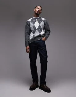 Topman Crew Jumper In Grey & White Argyle For Men Grey / White -Daily Wardrobe Shop 207655965 3