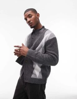 Topman Cardigan In Grey & White Argyle For Men Grey / White