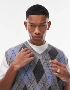 Topman Knitted Vest In Grey & Blue Argyle For Men Grey / Blue 11 Topman Knitted Vest In Grey & Blue Argyle For Men Grey / Blue -Daily Wardrobe Shop 207655988 1 greyblue 1