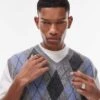 Topman Knitted Vest In Grey & Blue Argyle For Men Grey / Blue -Daily Wardrobe Shop 207655988 1 greyblue